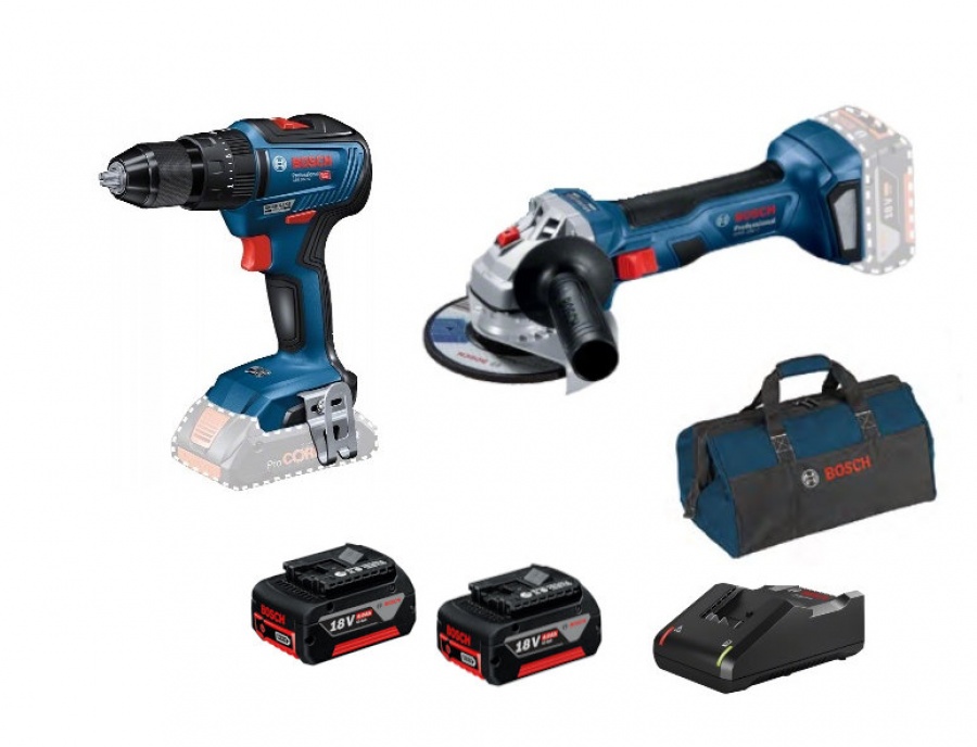 Bosch Kit Utensili 18V GWS 18V-7 + GSB 18V-55 con batterie 4,0 Ah e caricabatterie - 0615990M4A