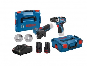 Bosch Kit Utensili 12V GWS 12V-76 + GSR 12V-35 FC con batterie 2,0 Ah e caricabatterie - 0615990M5H