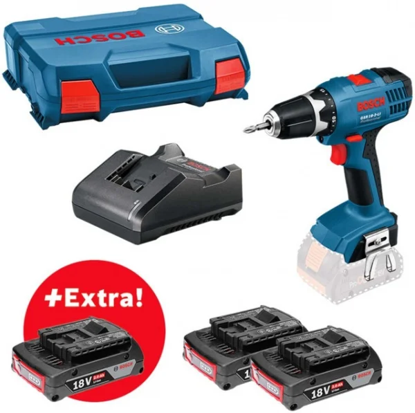 Bosch GSR 18-2-LI Trapano avvitatore 18 V con tre batterie 2,0 Ah