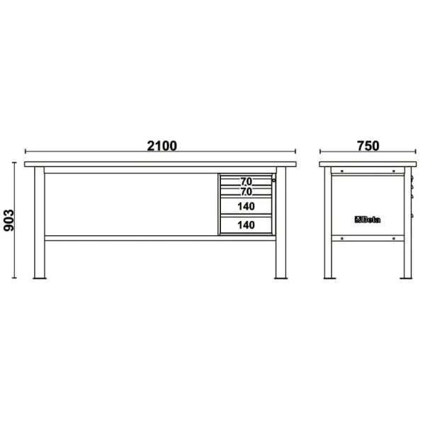 Beta c58bc-x2,1 4c/o banco con piano mdf rivestito inox 2,1 m e 4 cassetti - dettaglio 2