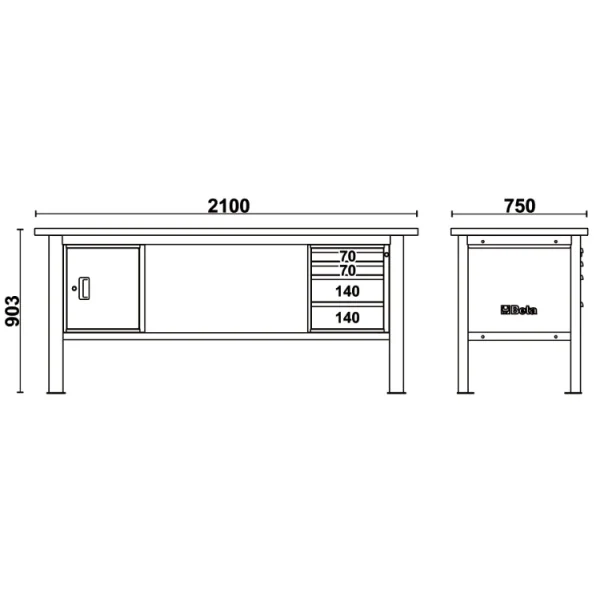 Beta c58bc-w2,1 4ca/o banco da lavoro con piano in legno 2,1 m cassetti e anta - dettaglio 2