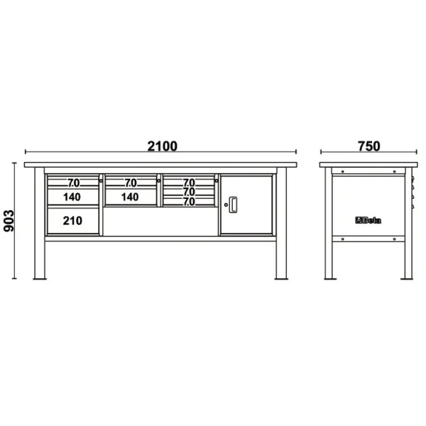 Beta c58bc-w2,1 8ca/a banco da lavoro con piano in legno 2,1 m cassetti e anta - dettaglio 2